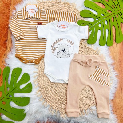  CONJ. DE MALHA 3 PEÇAS - Ursinho com Raminhos - Areia e Off White